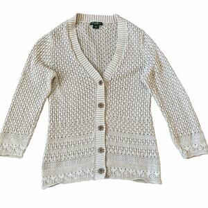 Eddie Bauer Womens Crochet Cardigan Tan Open Knit Boho Neutral Cottagecore L